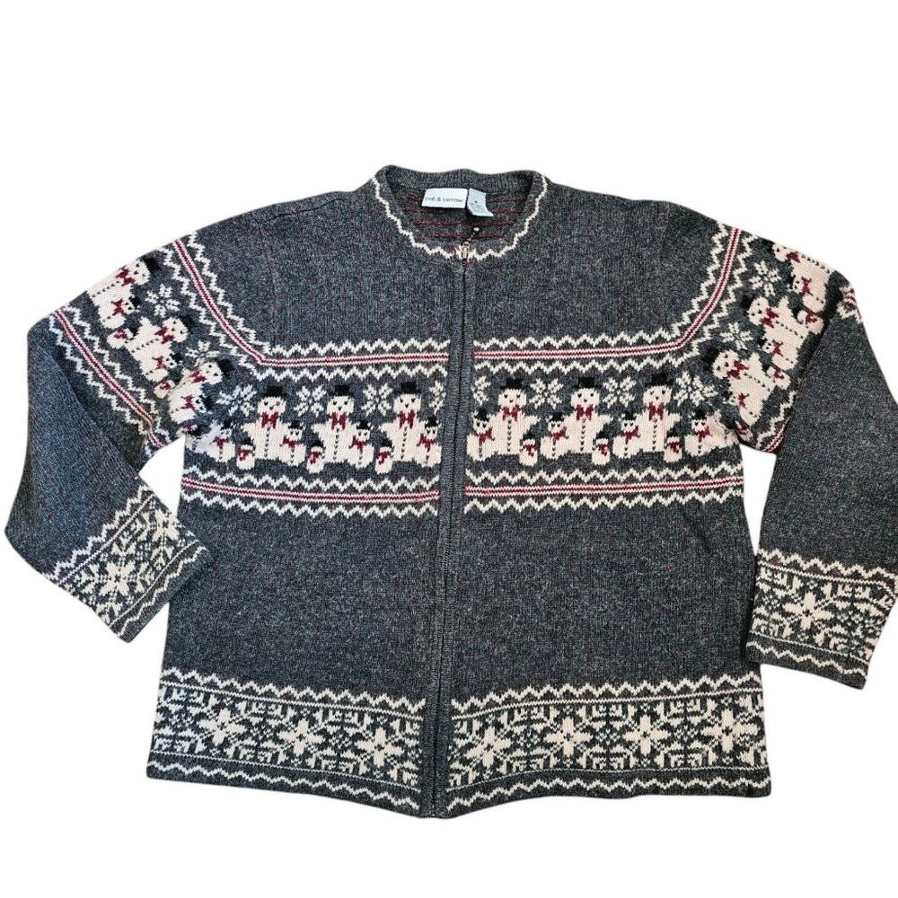 90s Womens Gray Snowman Cardigan Sweater Full Zip Fair Isle‎ Size Large
